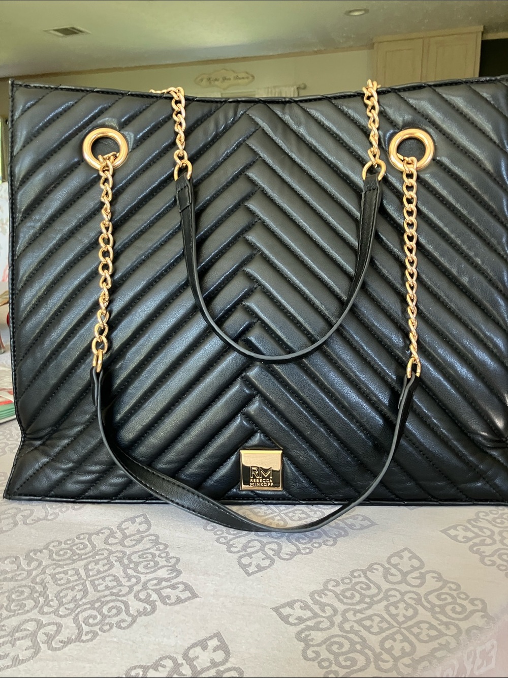 Rebecca Minkoff Black Quilted Tote with Gold Chain Handles